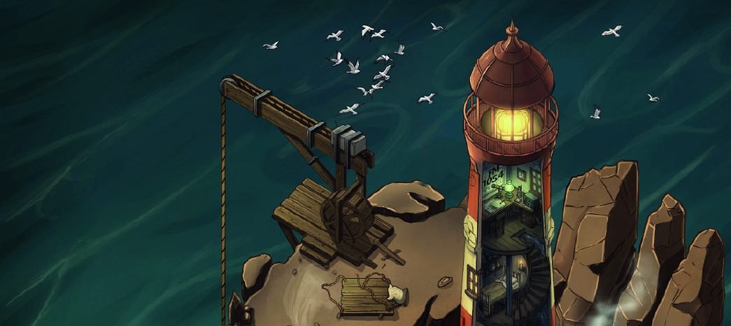 Detalle del mapa de El Faro: el faro en sección sobre las rocas, con la grúa y las gaviotas